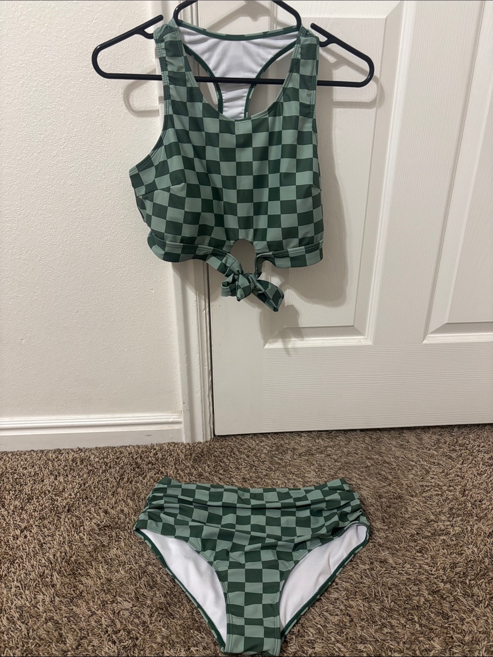 Green Checkerboard Tie-Front Bikini Set